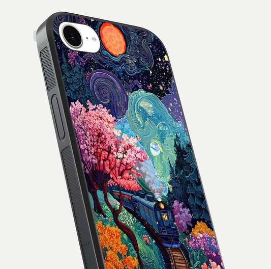 Digital Art Glass Case for iPhone 16e close-up highlighting brush-stroke details and reflection polish