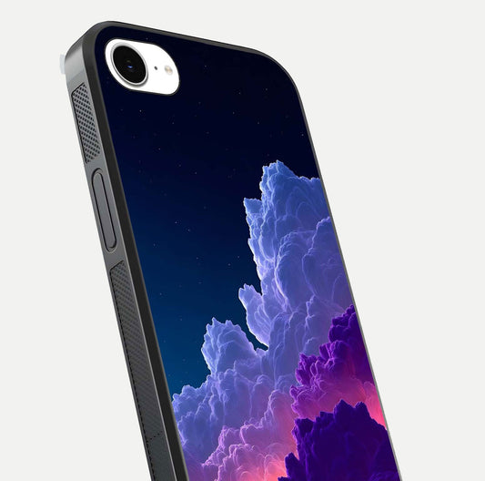 Dreamy Cloud Skies Glass Case for iPhone 16e close-up highlighting soft gradient tones and reflection glow