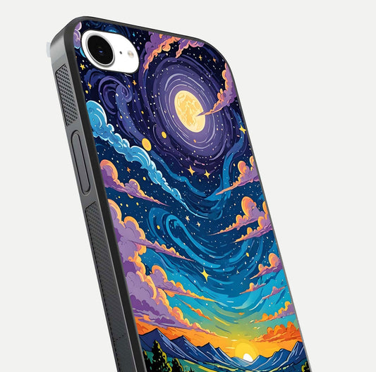 Dreamy Night Landscape Glass Case for iPhone 16e close-up highlighting stars and reflection tone