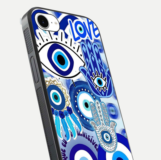 Evil Eyes Dream Glass Case for iPhone 16e close-up highlighting evil-eye charm detail and light reflection on glass