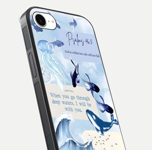 Faithful Ocean Promise Glass Case for iPhone 16e close-up highlighting water reflection and serene blue tones