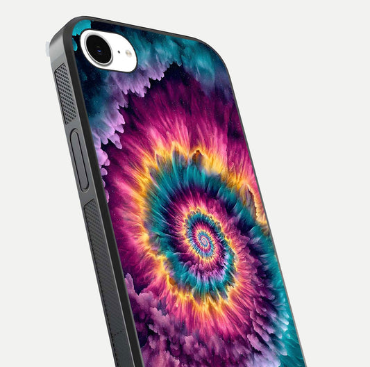Galactic Spiral Burst Glass Case for iPhone 16e close-up angled shot showing spiral burst detail, neon tones, and glossy reflection