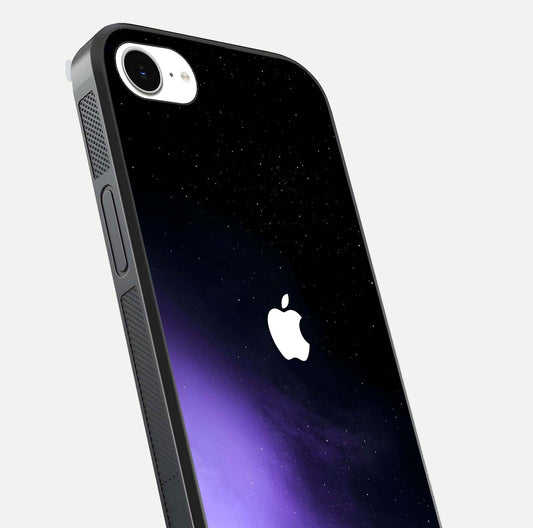 Galaxy Apple Aura Glass Case for iPhone 16e close-up angled shot showing aura lighting and reflection polish