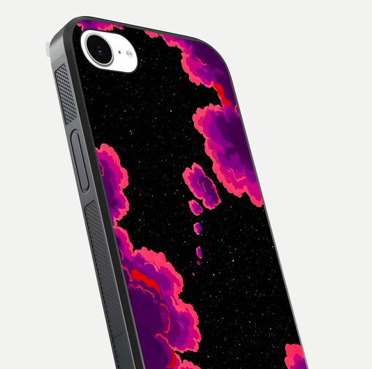 Galaxy Dream Frame Glass Case for iPhone 16e close-up angled shot showing nebula patterns and reflection glow
