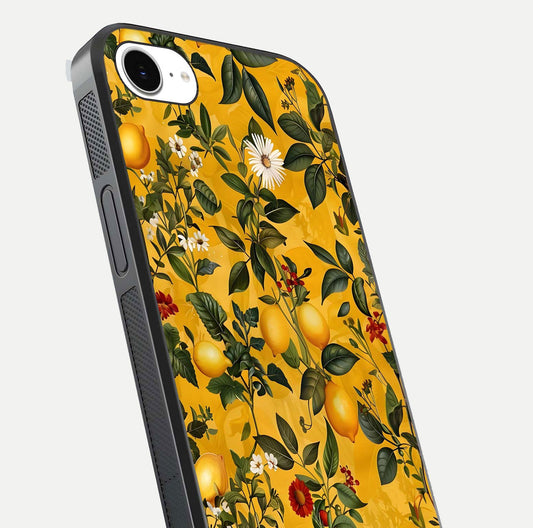 Golden Lemon Field Glass Case for iPhone 16e close-up angled shot showing citrus texture and reflection brilliance