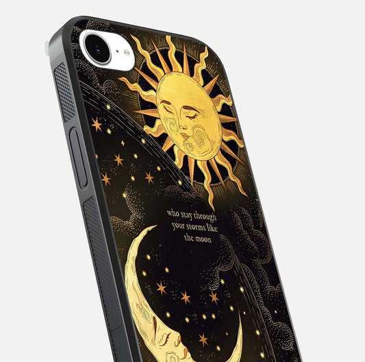 Golden Lunar Love Glass Case for iPhone 16e close-up angled shot showing moon glow, texture, and reflection polish