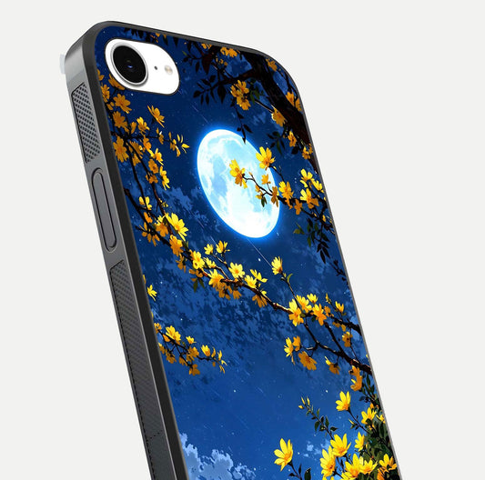 Golden Night Glow Glass Case for iPhone 16e close-up angled shot showing shimmer texture and light reflection