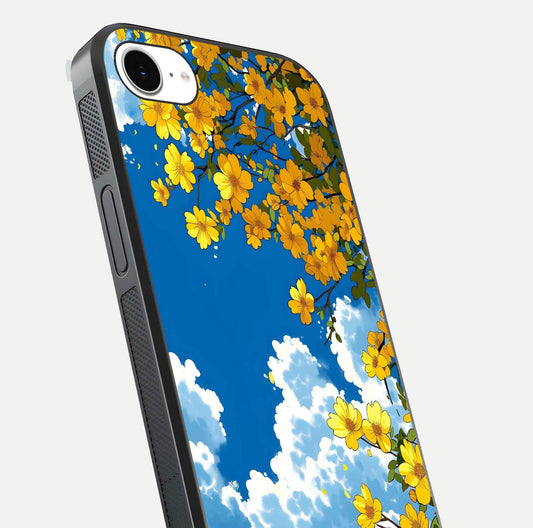 Golden Petal Sky Glass Case for iPhone 16e close-up angled shot showing petal texture and shine reflection