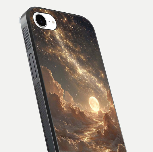 Golden Sky Dream Glass Case for iPhone 16e close-up angled shot showing gradient tones and reflection polish