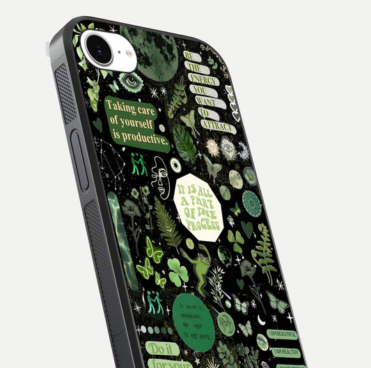 Green Moon Energy Glass Case for iPhone 16e close-up angled shot showing glowing lunar detail and reflection shine