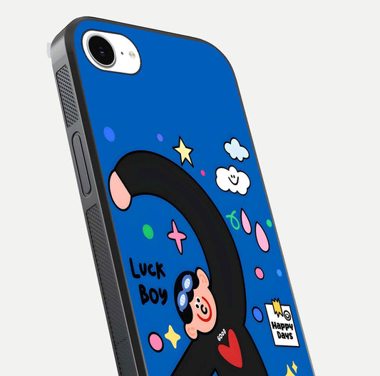 Happy Luck Vibe Glass Case for iPhone 16e close-up angled shot showing color details and reflection shine