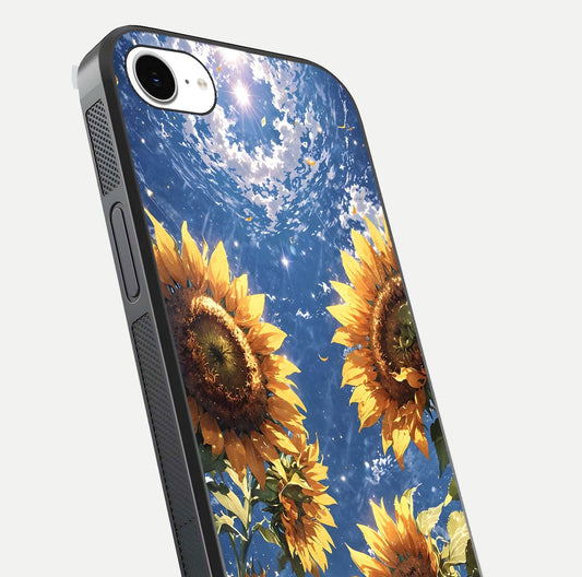 Heavenly Sunflower Rise Glass Case for iPhone 16e close-up angled shot showing sunflower texture and reflection polish