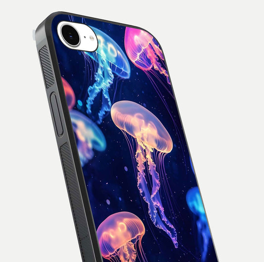 Jellyfish Pattern Glass Case for iPhone 16e close-up angled shot showing translucent tentacles and light reflection