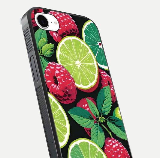 Lime and Raspberry Pattern Glass Case for iPhone 16e angled close-up showing fruit texture and reflection glow