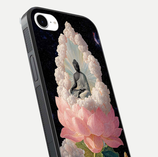 Lotus Divine Peace Glass Case for iPhone 16e angled close-up showing delicate petals and gloss reflection