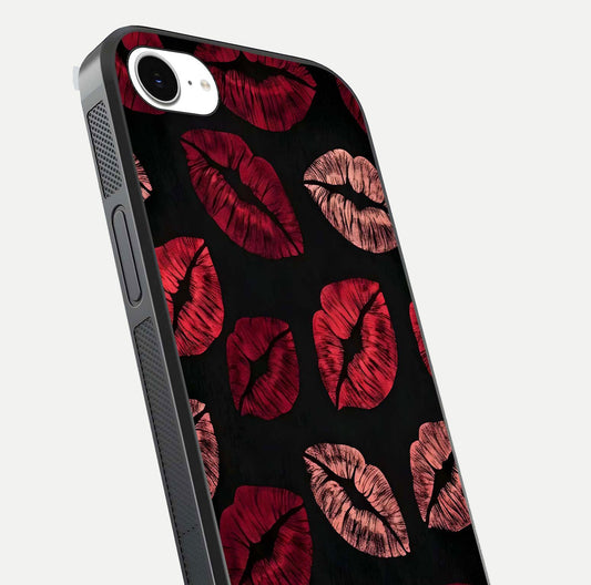 Midnight Kiss Love Glass Case for iPhone 16e close-up angle highlighting red accents and reflection shine