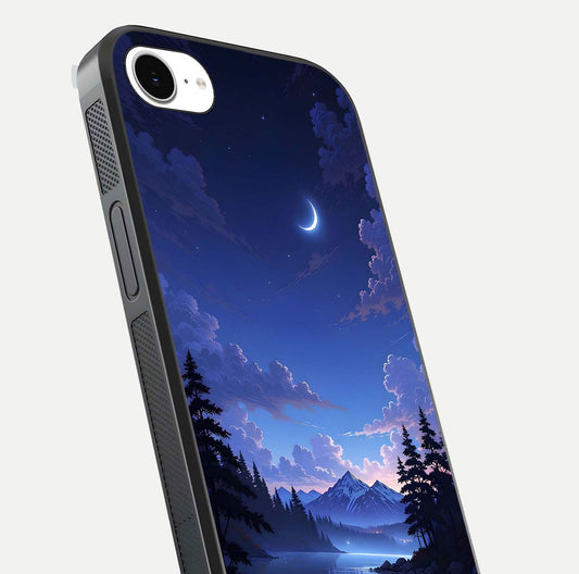 Midnight Lake Peace Glass Case for iPhone 16e close-up angled shot showing blue night tones and reflection