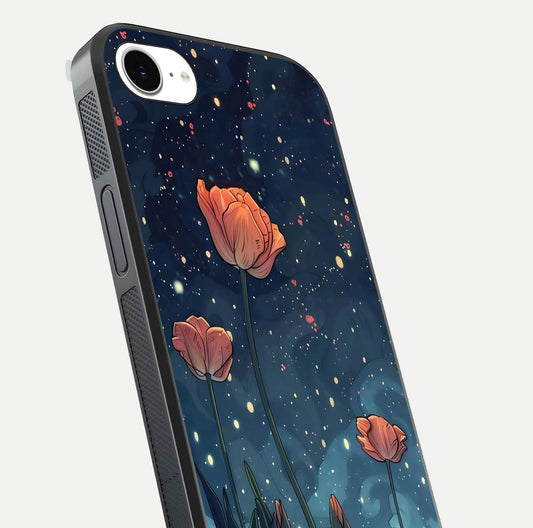 Midnight Tulip Glow Glass Case for iPhone 16e close-up angled shot showing petal details and reflection glow