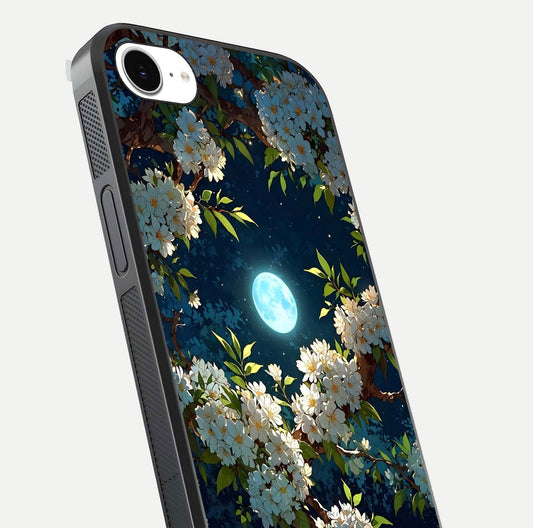 Moonlit Blossom Dream Glass Case for iPhone 16e close-up angled shot showing glowing petals and reflection