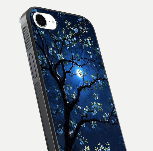 Mystic Floral Night Glass Case for iPhone 16e close-up angled shot highlighting petal detail and HD reflection