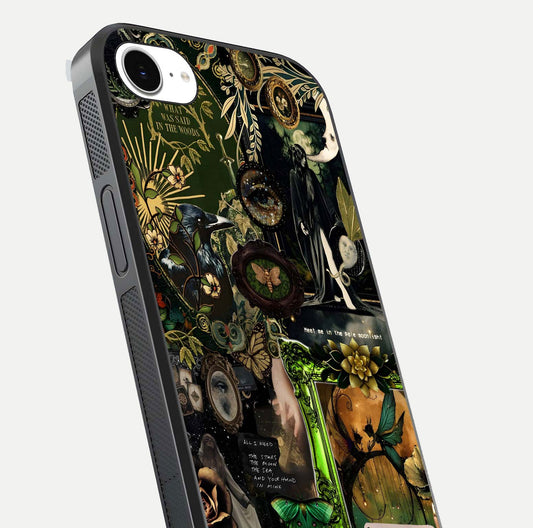 Mystic Woods Secret Glass Case for iPhone 16e close-up angled shot highlighting tree texture and reflection
