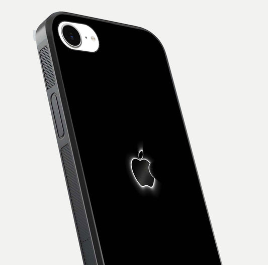 Neon Apple Glow Glass Case for iPhone 16e close-up angled shot highlighting neon reflection and color pop