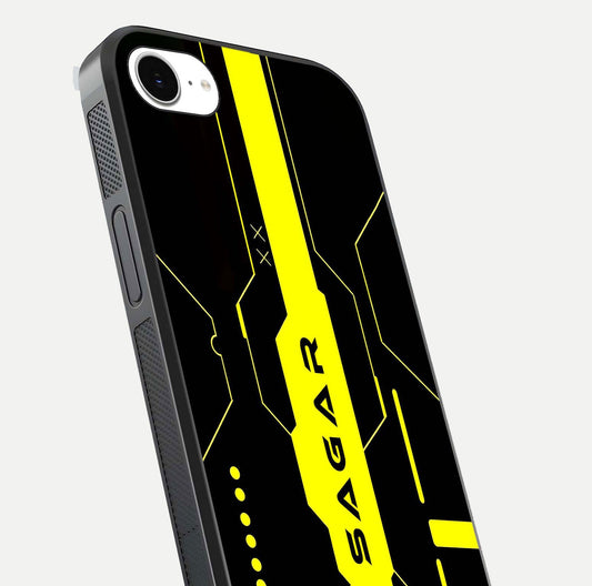 Neon CYBERPUNK Custom Name Glass Case for iPhone 16e close-up angled shot highlighting electric colors and reflection