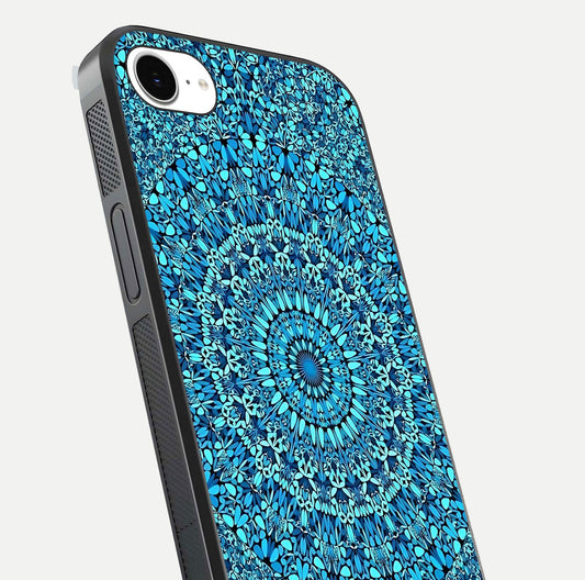 Ocean Bloom Mandala Glass Case for iPhone 16e close-up angled shot highlighting detailed mandala and reflection