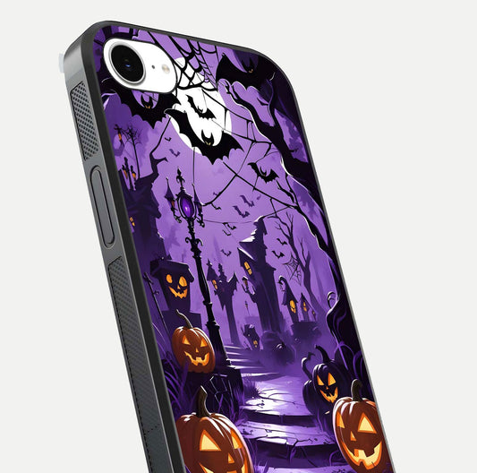 Pumpkin Patch Halloween Glass Case for iPhone 16e close-up angled shot highlighting pumpkin texture and shine