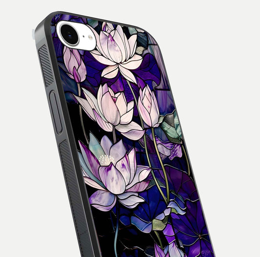 Purple Lotus Pattern Glass Case for iPhone 16e close-up angled shot showing petal texture and HD reflection