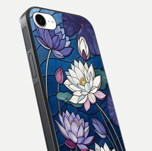 Purple Lotus Stained Glass Case for iPhone 16e close-up angled shot highlighting glass pattern and reflection