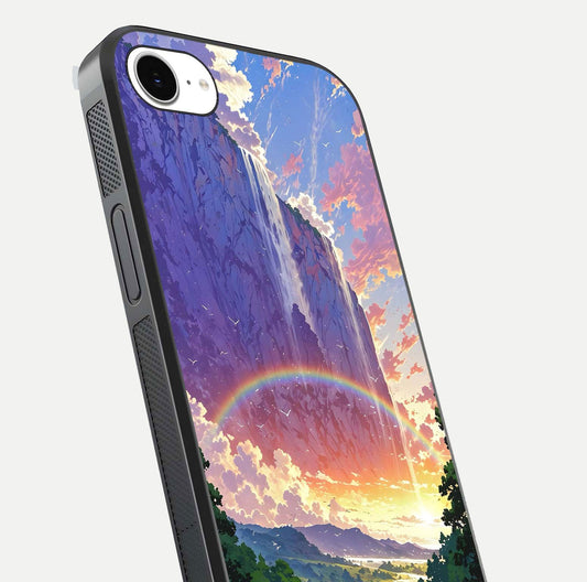 Rainbow Valley Dream Glass Case for iPhone 16e close-up angled shot highlighting gradient tones and HD shine
