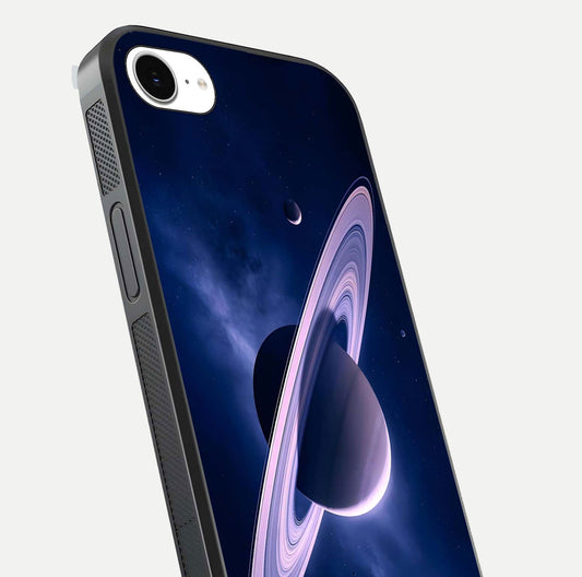 Saturn Ring Mystique Glass Case for iPhone 16e close-up angled shot highlighting ring detail and HD reflection