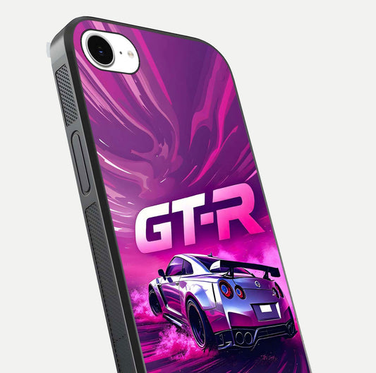 Speed Drift Legend Glass Case for iPhone 16e close-up angled shot highlighting speed lines and reflection
