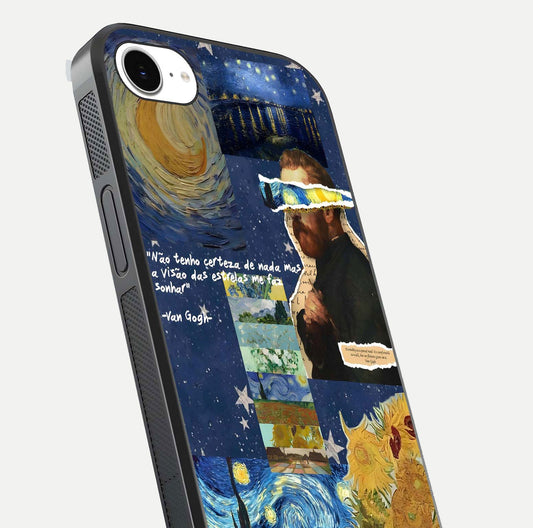 Starry Dream Vision Glass Case for iPhone 16e close-up angled shot highlighting cosmic light and reflection