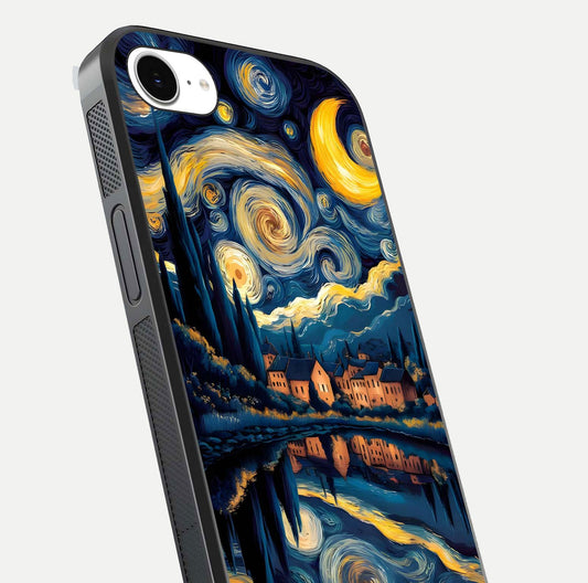 Starry Sky Serenity Glass Case for iPhone 16e close-up angled shot highlighting light reflection and blue hues