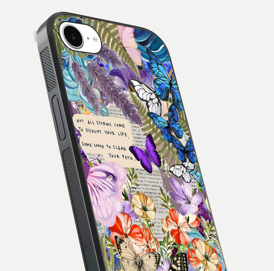Storm Path Bloom Glass Case for iPhone 16e close-up angled shot highlighting bloom texture and reflection