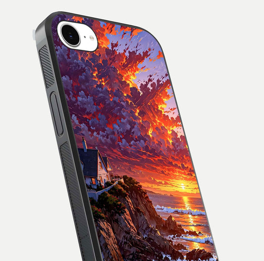 Sunset House by Sea Glass Case for iPhone 16e close-up angled shot highlighting sunset tones and water glow