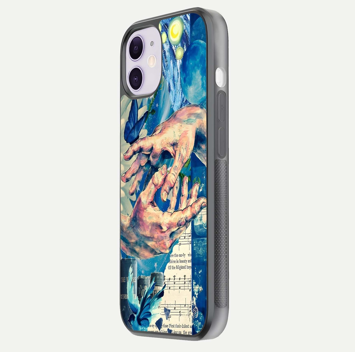 Aesthetic Divider Glass Case for iPhone 11 side-angle image showing divider pattern print, camera module, and glossy finish reflection