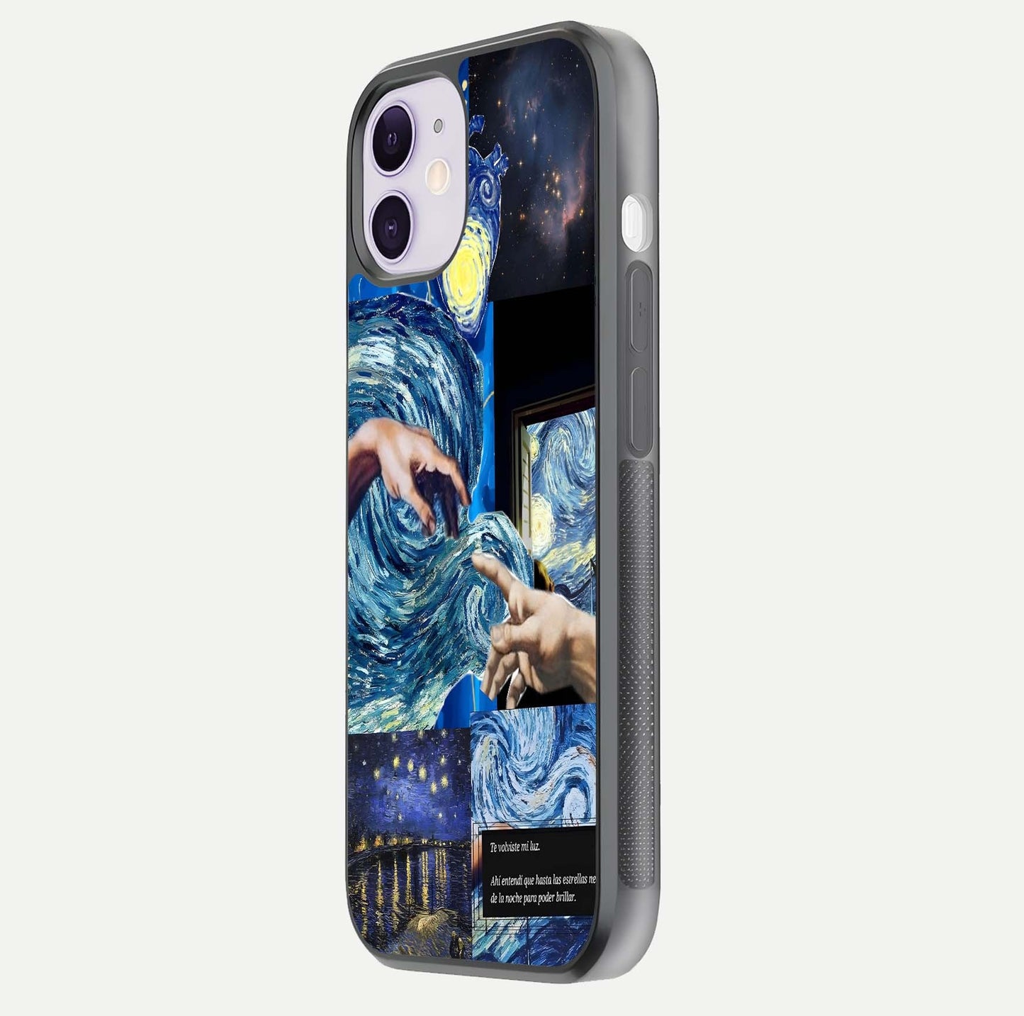 Aesthetic Vando Hands Glass Case for iPhone 16 Pro side-angle image showcasing hand design, protective edges, and gloss texture