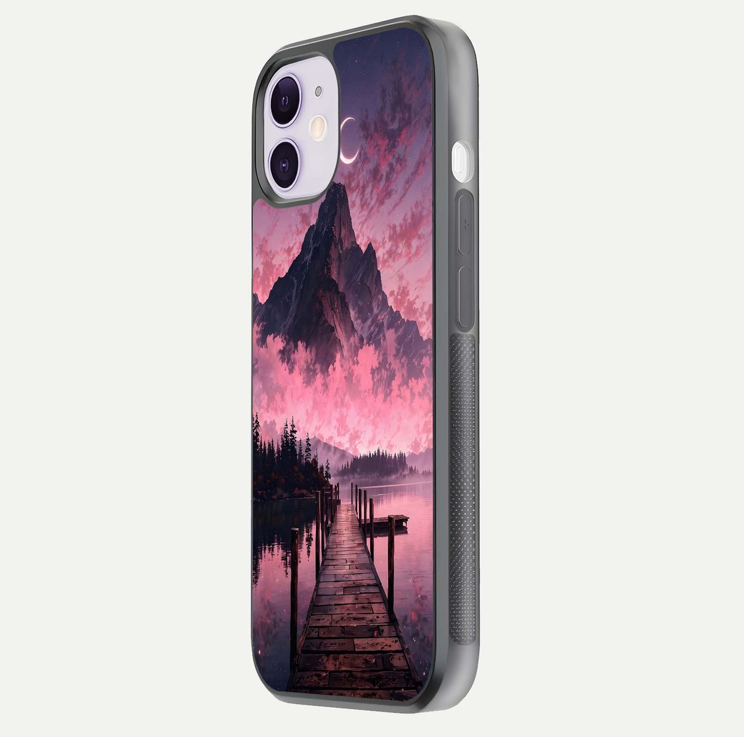 Beautyful Mountain View Glass Case for iPhone 11 side-angle image displaying mountain artwork and gloss surface