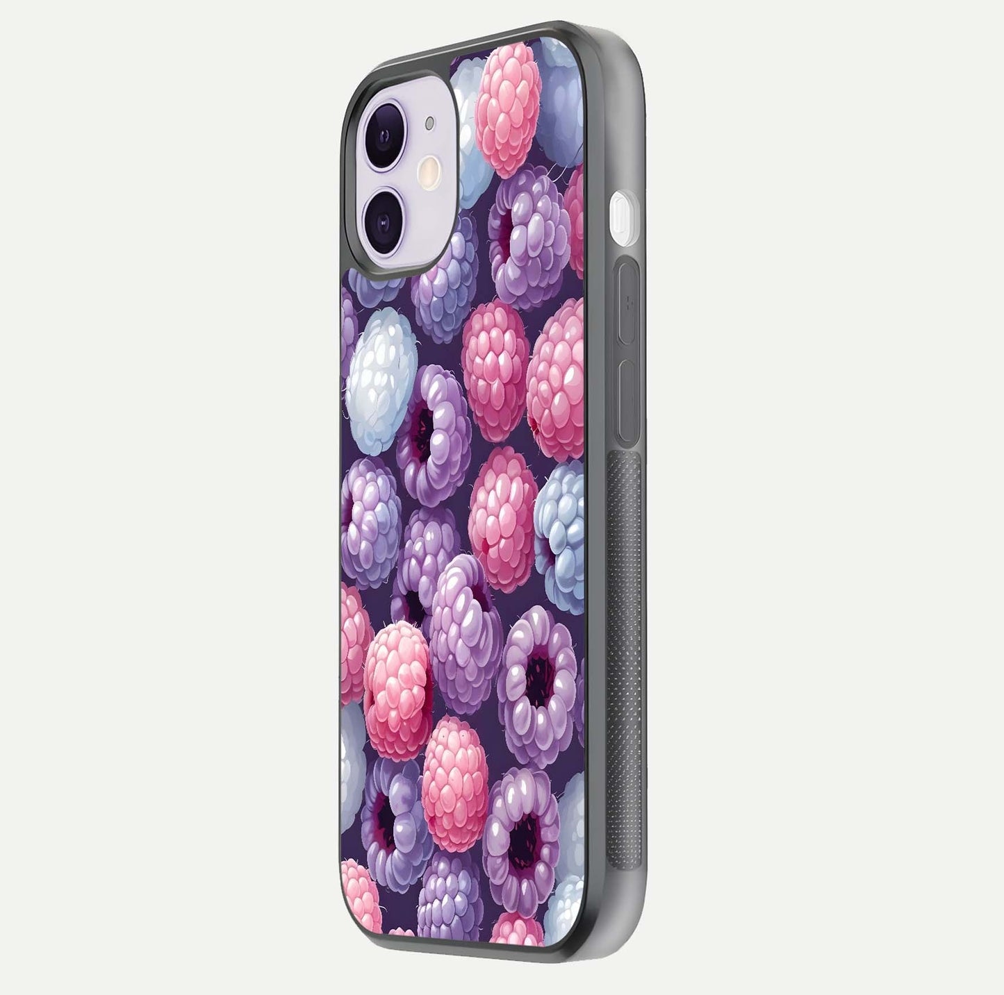 Berry Candy Pop Glass Case for iPhone 11 side-angle image with bright color tones and smooth reflection