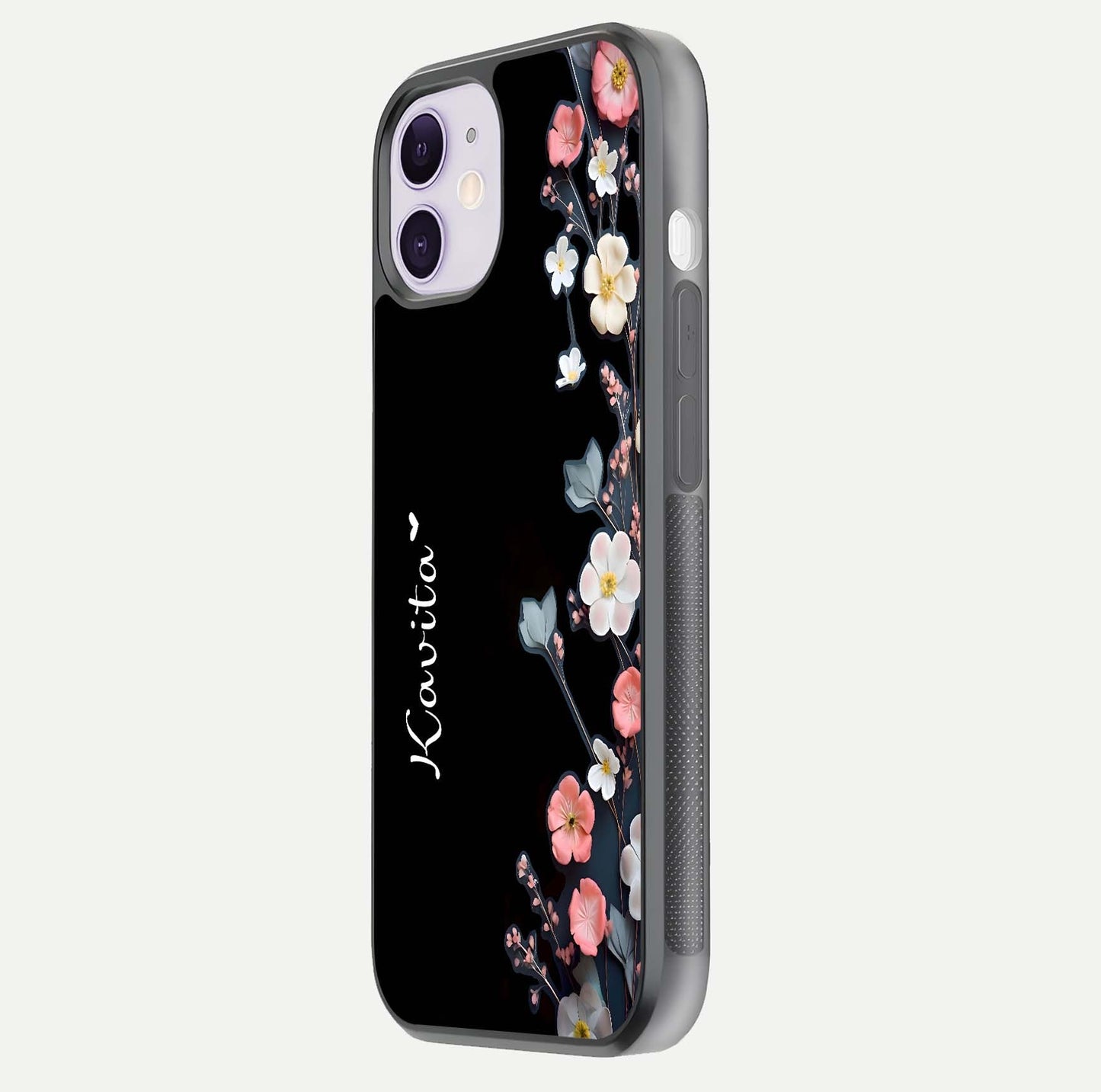 Black Elegance Floral Custom Name Glass Case for iPhone 11 side-angle showing black gloss depth and delicate print texture