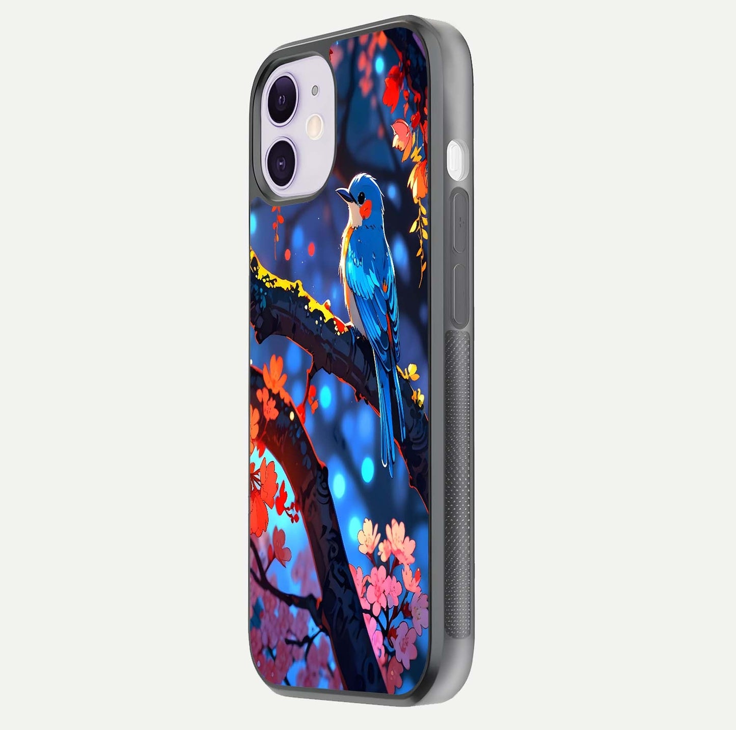 Blooming Spendor Bird Glass Case for iPhone 11 side-angle photo showing floral wings and reflection finish