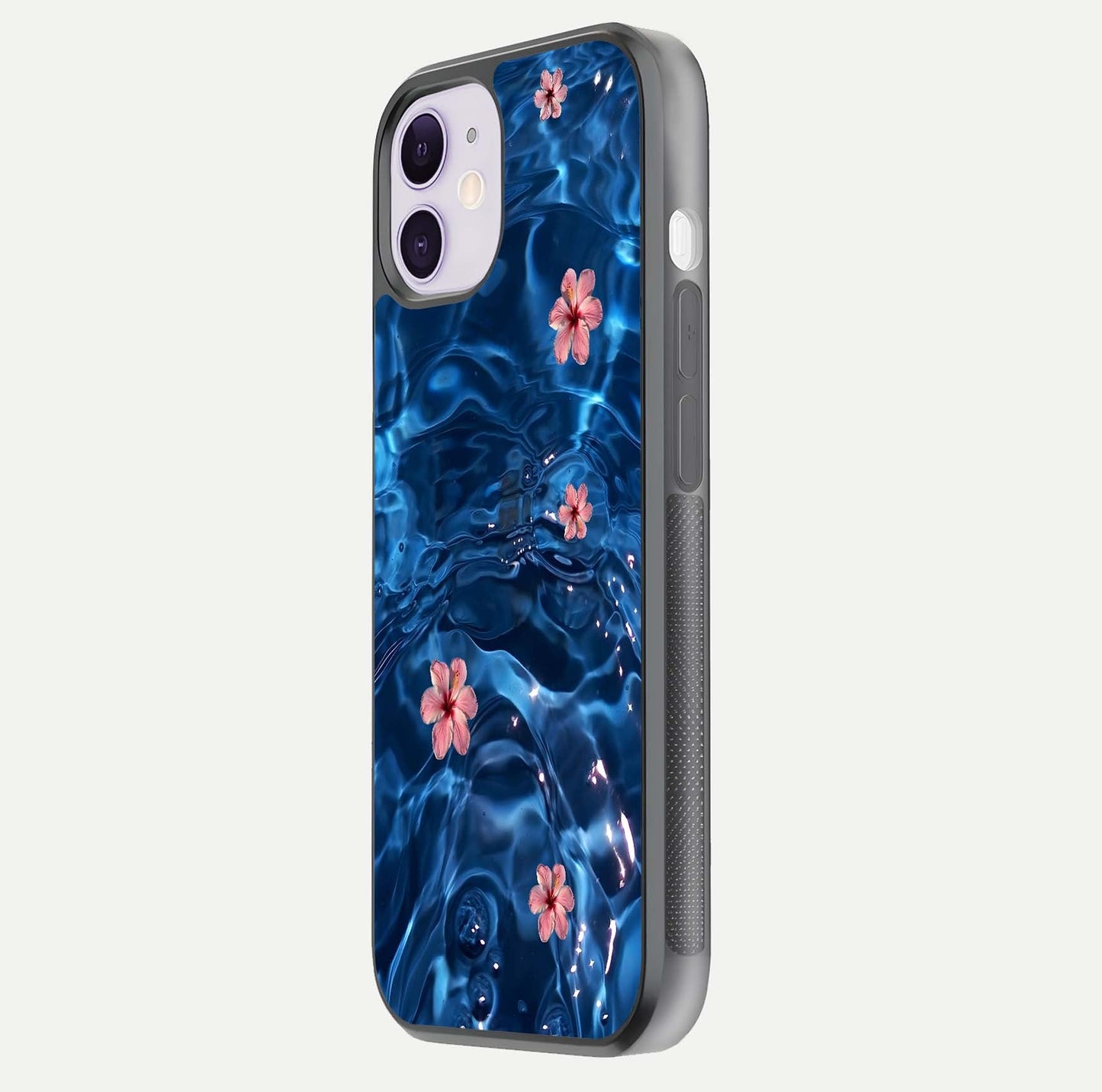 Blooming Water Drift Glass Case for iPhone 11 side-angle image showcasing blossom flow, curved corners, and HD glass gloss