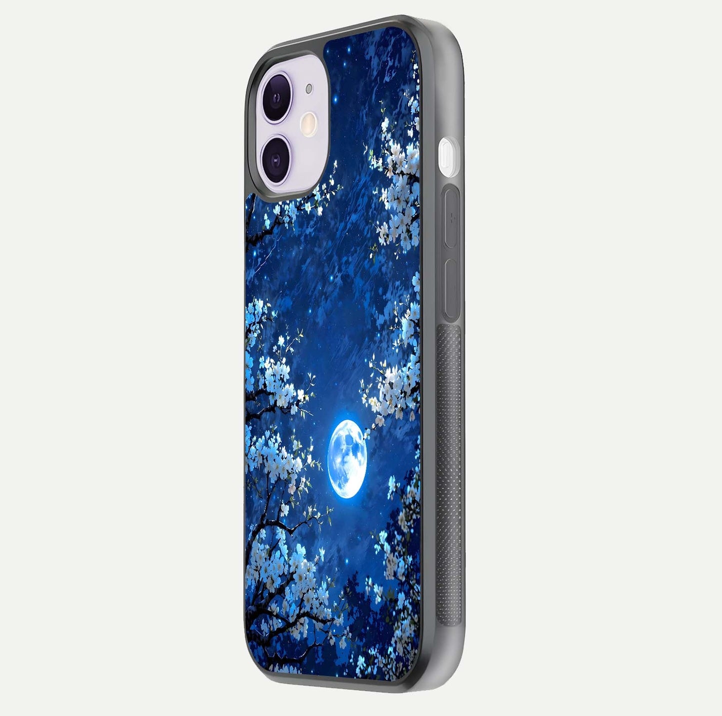 Blossom Moonlight Sky Glass Case for iPhone 11 side-angle view emphasizing moonlight tones and protective edge