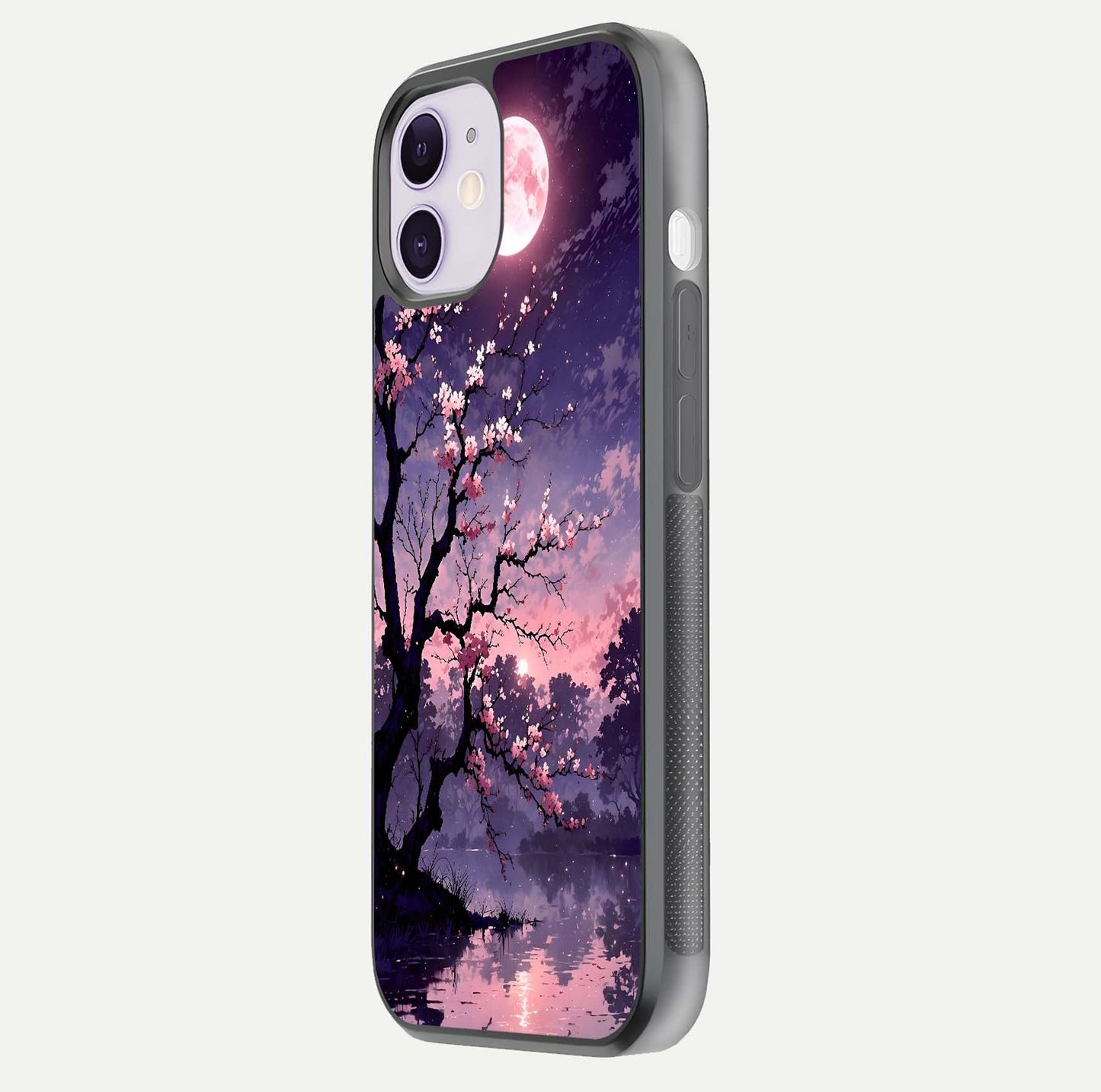Blossom Pink Moon Glass Case for iPhone 11 side-angle image showing glossy curve and floral-moon balance