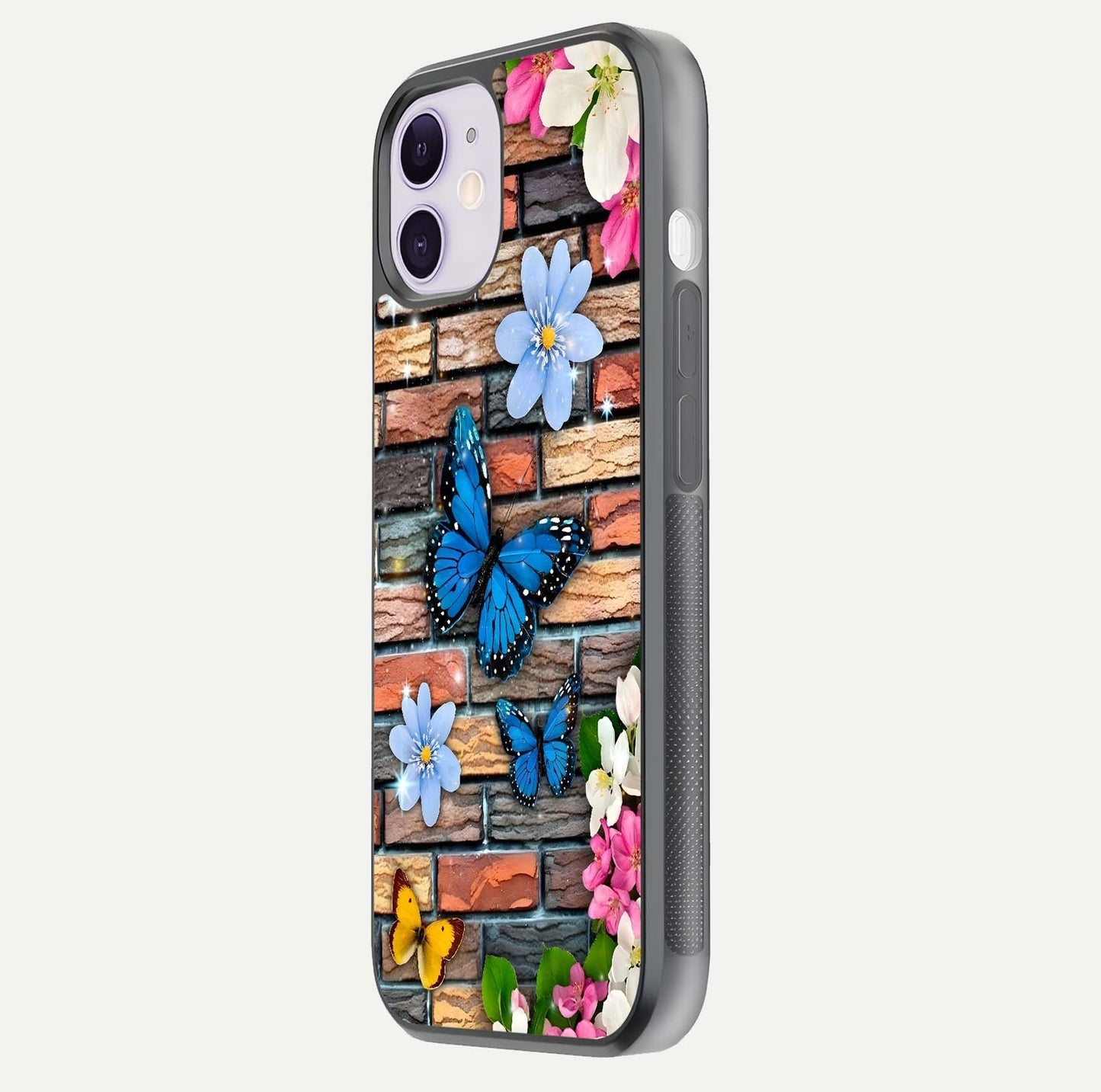 Brick Bloom Flight Glass Case for iPhone 11 side-angle photo showing curve shine and detailed petal contrast