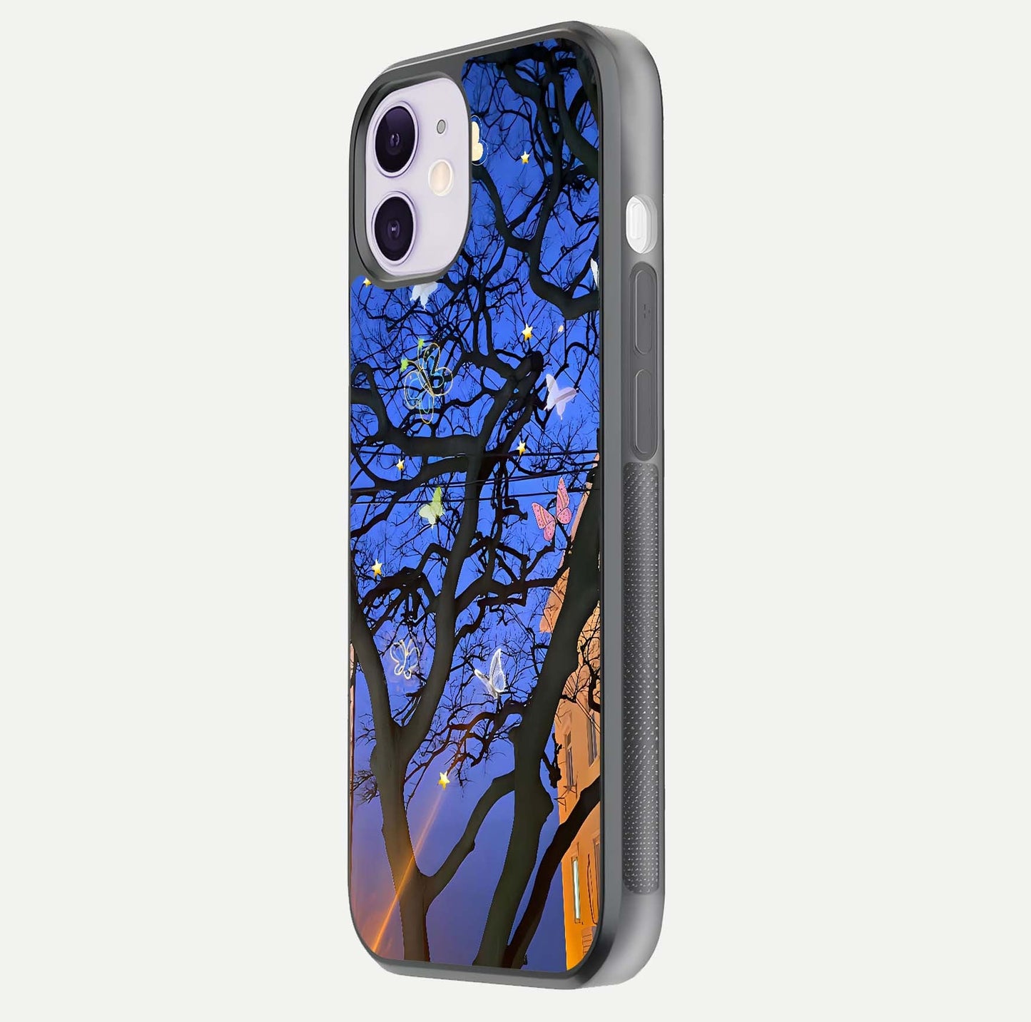 Butterfly Night Magic Glass Case for iPhone 11 side-angle view capturing butterfly contrast and glossy depth