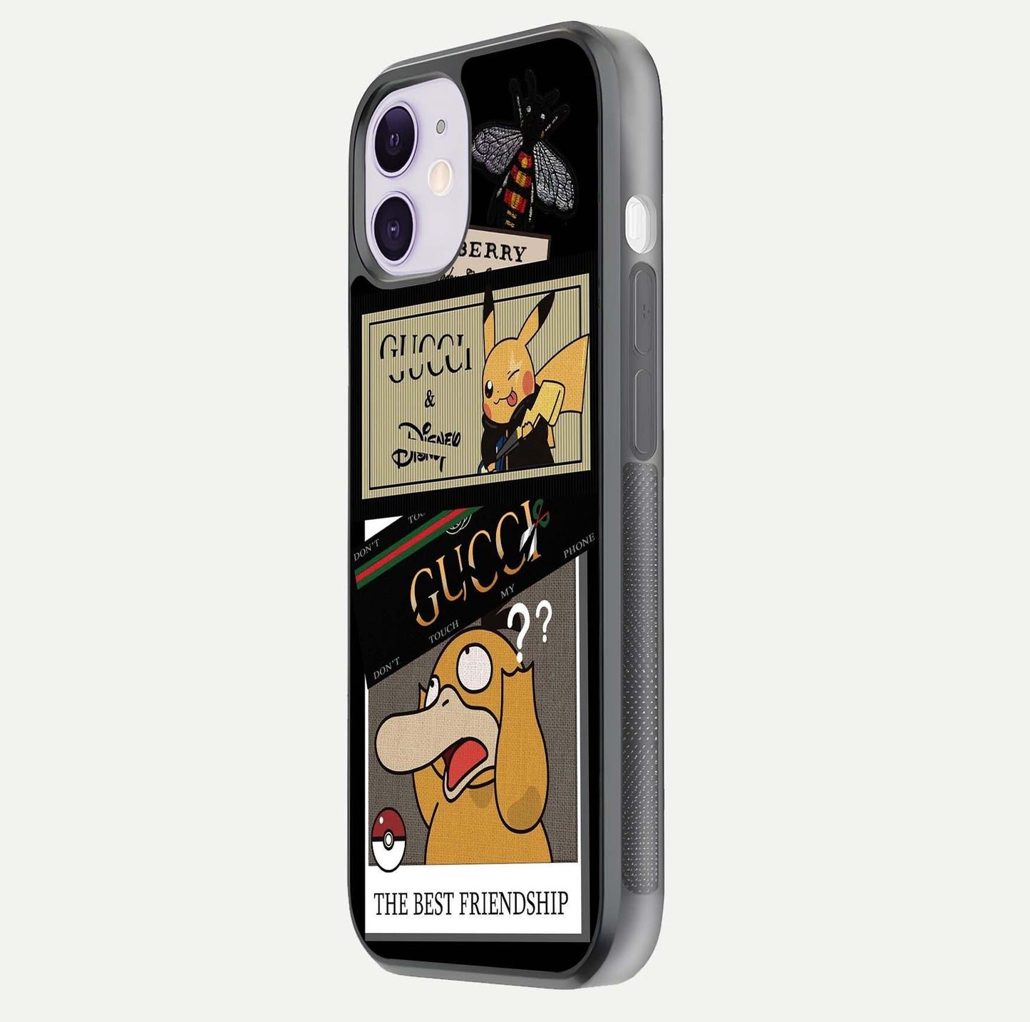 Cartoon Brand Play Mashup Glass Case for iPhone 11 side-angle image showing reflection brightness and fun graphic mix